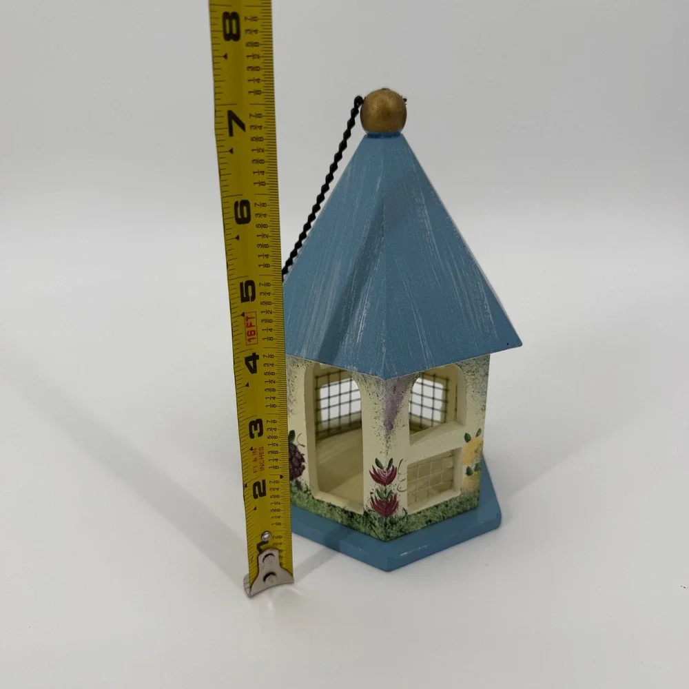 Hand Painted Wooden Birdhouse Blue Gazebo Floral Fruit Garden Decor 7.5 Inch